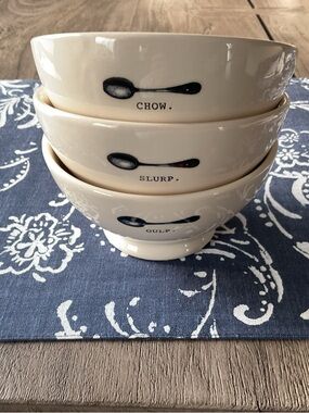 Rae Dunn by Magenta Ceramic Soup Bowls, 3 w/Spoon Chow, Slurp, Gulp, Farm House
